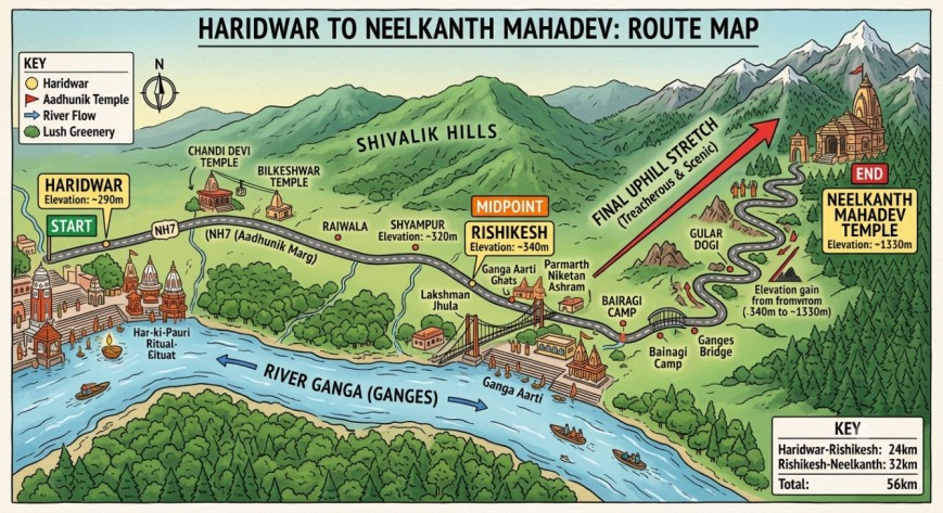 Map of the Haridwar to Neelkanth Mahadev Kanwar Yatra route