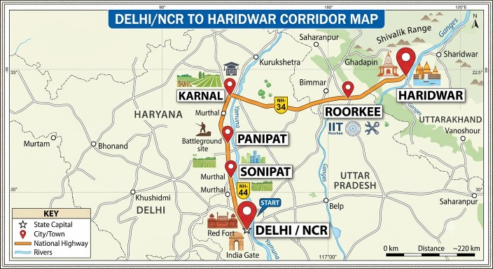 Map of the Delhi NCR to Haridwar Kanwar Yatra corridor