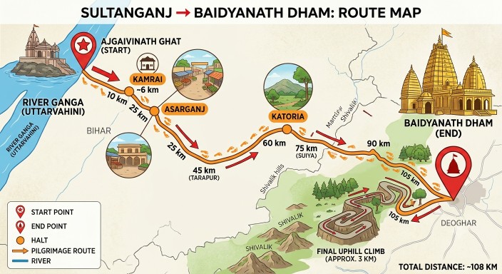 Map of the Sultanganj to Baidyanath Dham Kanwar Yatra route